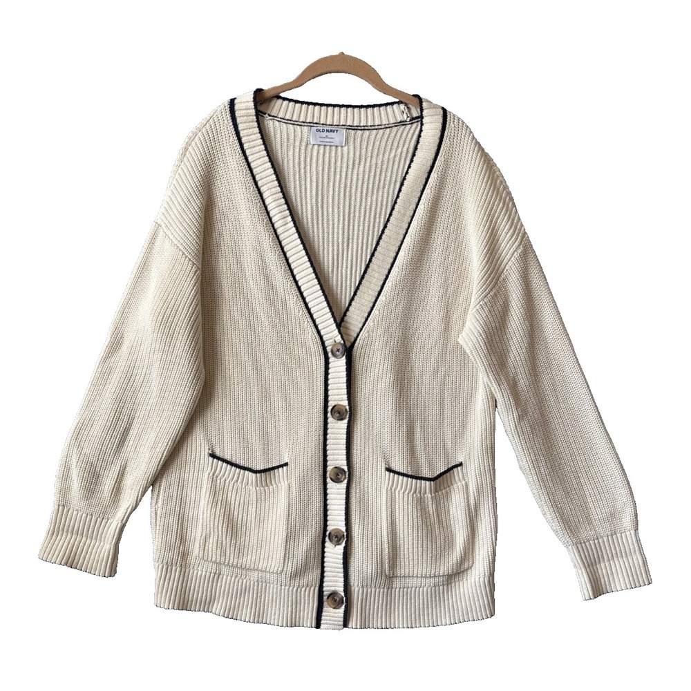 Old Navy Varsity Cardigan Sweater XL Cream Black Ribbed Old Money Preppy Swiftie